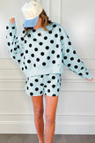 Beige Polka Dot Print Drop Shoulder Pullover Drawstring Shorts Set