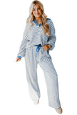 White Stripe Textured Collared Pullover Top and Drawstring Pants Set