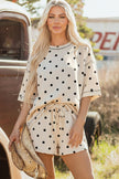 White Polka Dot Short Sleeve Loose Top Drawstring Shorts Set