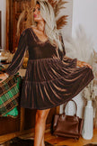 Chicory Coffee Solid Color Velvet V Neck Long Sleeve Tiered Mini Dress
