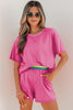 Bright Pink Seam Detail Raw Edge Tee Rainbow Waistband Casual Short Set