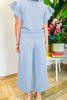 Black Textured Ruffle Sleeve Zipped Top and Wide Leg Pants Set