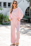 Pink Stripe Drop Shoulder Round Neck Top and Buttoned Straight Pants Two Piece Set