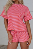 Rose Stripe Side Split Knit Tee Drawstring Shorts Set
