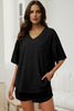 Black Solid Color Waffled V Neck Loose Tee Drawstring Shorts Set