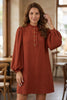 Coffee Solid Shift Long Sleeve Short Length One Piece Dress