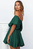 Green-2 Solid Color Shirred Bubble Sleeve Off Shoulder Babydoll Dress