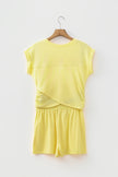 Yellow Cream Solid Short Sleeve Elastic Waist Pocket Casual Two Piece Short Set