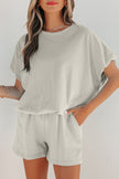 Green Solid Color Puffy Loose Top Drawstring Shorts 2pcs Outfit