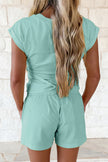 Yellow Cream Solid Short Sleeve Elastic Waist Pocket Casual Two Piece Short Set