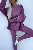 Black Solid Color Oversize Slit Sweatshirt Ribbed Leggings 2pcs Set