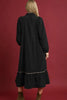 Green Collared V Neck Smocked Detail Contrast Leopard Trim Long Dress