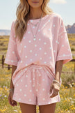 White Polka Dot Short Sleeve Loose Top Drawstring Shorts Set