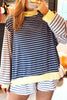 Blue Stripe Color Block Long Sleeve Pullover Ribbed Knit Casual Shorts Set