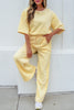 Sachet Pink Lace Patchwork Half Sleeve Top Elastic Waist Pants Two Piece Set