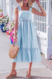 Beau Blue Solid Color Ruffle Trim High Waist Sleeveless Maxi Dress