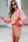 Yellow Stripe Color Block Trim Round Neck Long Sleeve Top Casual Shorts 2pcs Set