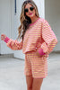 Yellow Stripe Color Block Trim Round Neck Long Sleeve Top Casual Shorts 2pcs Set