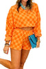 Pink Plaid Checkered Long Sleeve Crop Top Elastic Waist Shorts Two Piece Set