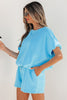 Green Solid Color Puffy Loose Top Drawstring Shorts 2pcs Outfit