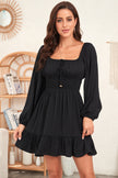 Black Solid Color Long Sleeve Shirred Drawstring Ruffle Mini Dress