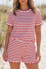 Red Stripe Scallop Trim Casual Top 2pcs Short Set