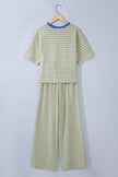 Yellow Stripe Colorblock Trim Crew Neck Loose Tee Drawstring Elastic Waist 2pcs Pant Set