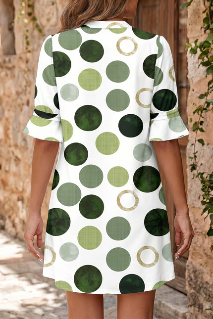 Green Polka Dot Print Flounced Half Sleeve Casual Vacation Style Mini Dress