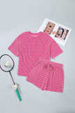 Rose Stripe Raised Rib Loose Tee Drawstring Elastic Waist 2pcs Short Set
