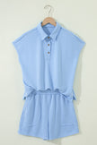 Mist Blue Loose Polo Tee Elastic Waist 2pcs Short Set