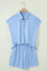 Mist Blue Loose Polo Tee Elastic Waist 2pcs Short Set