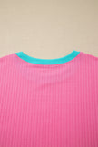 Sachet Pink Soft Ribbed Color Block Trim Casual Short Set