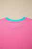 Sachet Pink Soft Ribbed Color Block Trim Casual Short Set