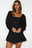 Black Solid Color Long Sleeve Shirred Drawstring Ruffle Mini Dress