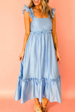 Beau Blue Solid Color Ruffle Trim High Waist Sleeveless Maxi Dress