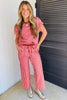Rose Stripe Crew Neck Tee Drawstring Waist Cropped Pants Set
