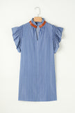 Sky Blue Stripe Frilly Split Neck Shirred Ruffle Sleeve Mini Shift Dress