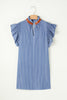 Sky Blue Stripe Frilly Split Neck Shirred Ruffle Sleeve Mini Shift Dress