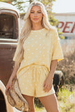 White Polka Dot Short Sleeve Loose Top Drawstring Shorts Set