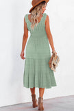Black Shirred Pleated Square Neck Sleeveless Midi Dress