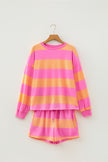 Pink Stripe Long Sleeve Casual Top Drawstring Shorts 2pcs Set
