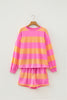 Pink Stripe Long Sleeve Casual Top Drawstring Shorts 2pcs Set