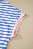 Sky Blue Stripe Contrast Trim Crew Neck Tee Knot Shorts 2pcs Set