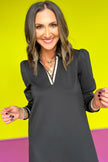 Black Striped Trim V Neck Collared Puff Sleeve Mini Dress