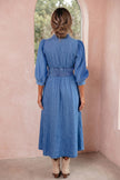 Blue V Neck Shirred Waist Metal Zipper Denim Midi Dress