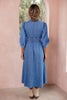 Blue V Neck Shirred Waist Metal Zipper Denim Midi Dress
