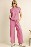 Bright Pink Solid Corded Short Sleeve T Shirt and Wide Leg Pants Set