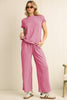 Bright Pink Solid Corded Short Sleeve T Shirt and Wide Leg Pants Set
