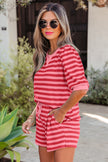 Pink Stripe Puff Short Sleeve T Shirt Matching Shorts Set