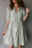 Green Stripe Tasseled Tie Neck Ruffled Short Sleeve Tiered Flattering Dress